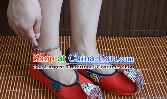 Traditional Chinese Handmade Ethnic Silver Tassel Red Shoes Yunnan National Shoes Embroidered Shoes for Women