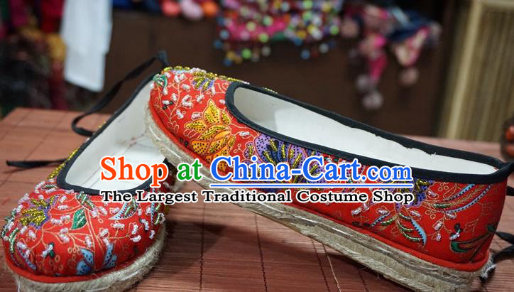 Traditional Chinese Ethnic Red Embroidered Beads Shoes Handmade Yunnan National Shoes Wedding Shoes for Women
