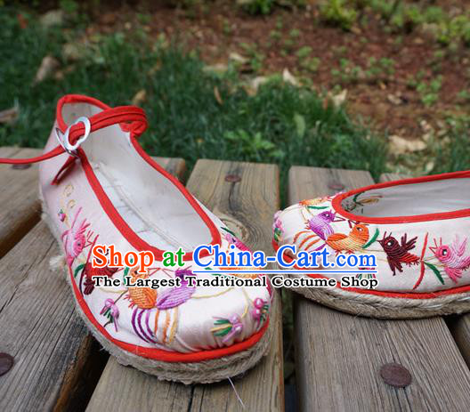 Traditional Chinese Ethnic Embroidered Magpie Light Pink Shoes Handmade Yunnan National Shoes Wedding Shoes for Women
