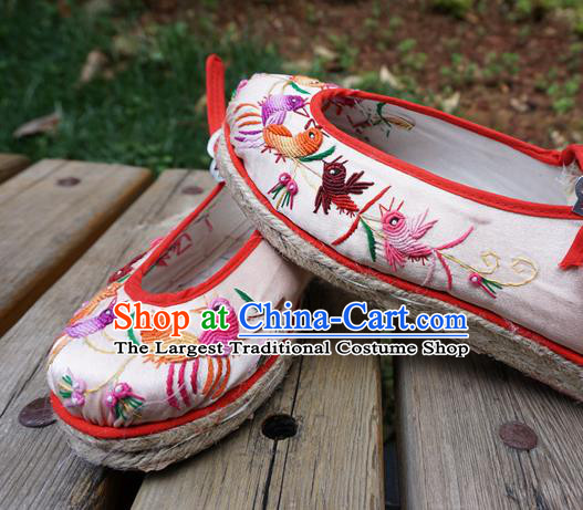 Traditional Chinese Ethnic Embroidered Magpie Light Pink Shoes Handmade Yunnan National Shoes Wedding Shoes for Women