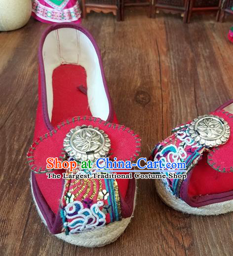 Traditional Chinese Handmade Ethnic Red Shoes Yunnan National Carving Silver Shoes Embroidered Shoes for Women