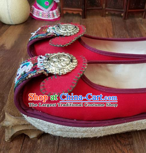 Traditional Chinese Handmade Ethnic Red Shoes Yunnan National Carving Silver Shoes Embroidered Shoes for Women