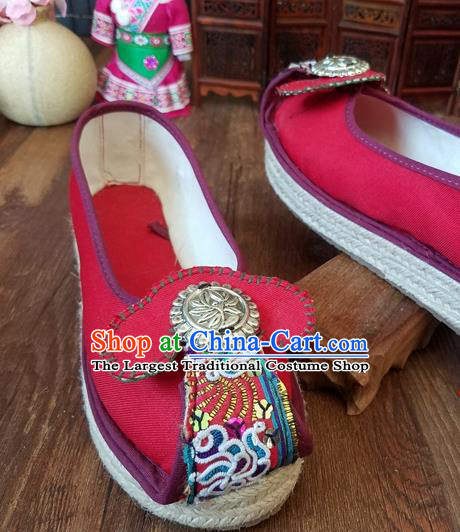 Traditional Chinese Handmade Ethnic Red Shoes Yunnan National Carving Silver Shoes Embroidered Shoes for Women