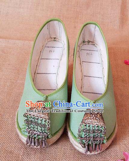 Traditional Chinese Handmade Ethnic Bride Light Green Shoes Yunnan National Silver Tassel Shoes Wedding Shoes for Women