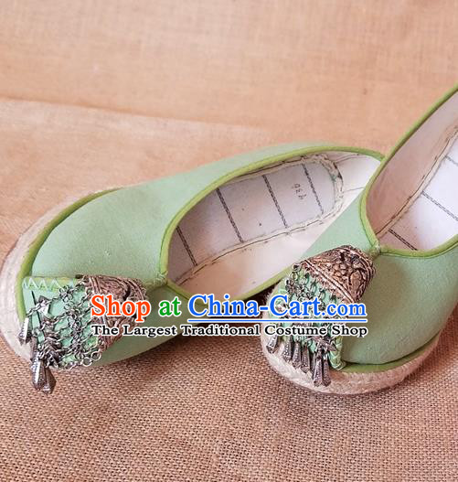 Traditional Chinese Handmade Ethnic Bride Light Green Shoes Yunnan National Silver Tassel Shoes Wedding Shoes for Women