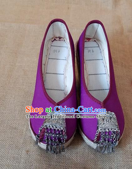 Traditional Chinese Handmade Ethnic Bride Purple Shoes Yunnan National Silver Tassel Shoes Wedding Shoes for Women