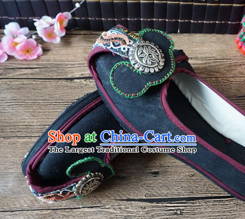 Traditional Chinese Ethnic Silver Black Shoes Embroidered Shoes Yunnan National Wedding Shoes for Women