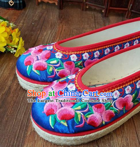 Traditional Chinese National Embroidered Blue Satin Shoes Ethnic Shoes Hanfu Shoes for Women