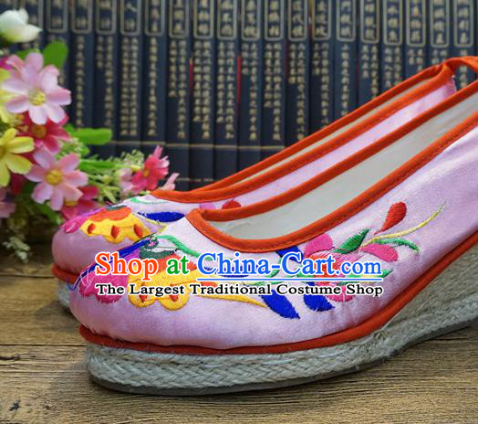 Traditional Chinese Embroidered Butterfly Pink Wedge Shoes National Wedding Shoes Hanfu Shoes for Women