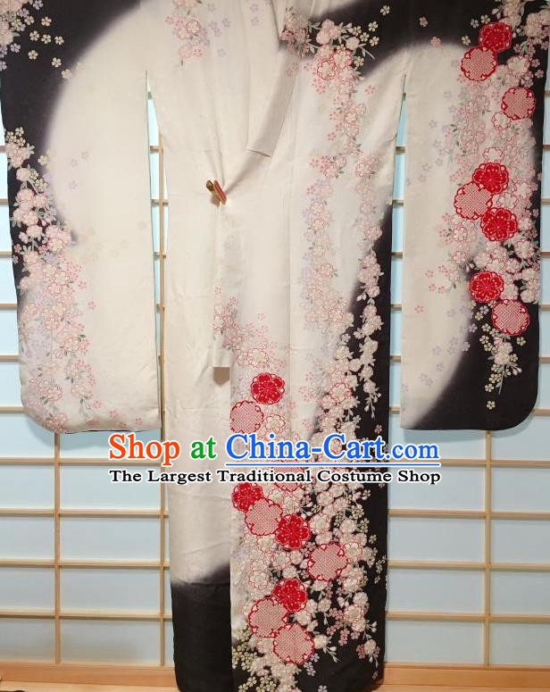Japanese Traditional Printing Sakura White Furisode Kimono Japan Iromuji Yukata Dress Costume for Women