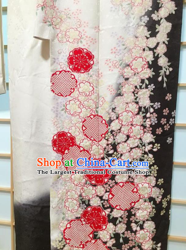 Japanese Traditional Printing Sakura White Furisode Kimono Japan Iromuji Yukata Dress Costume for Women