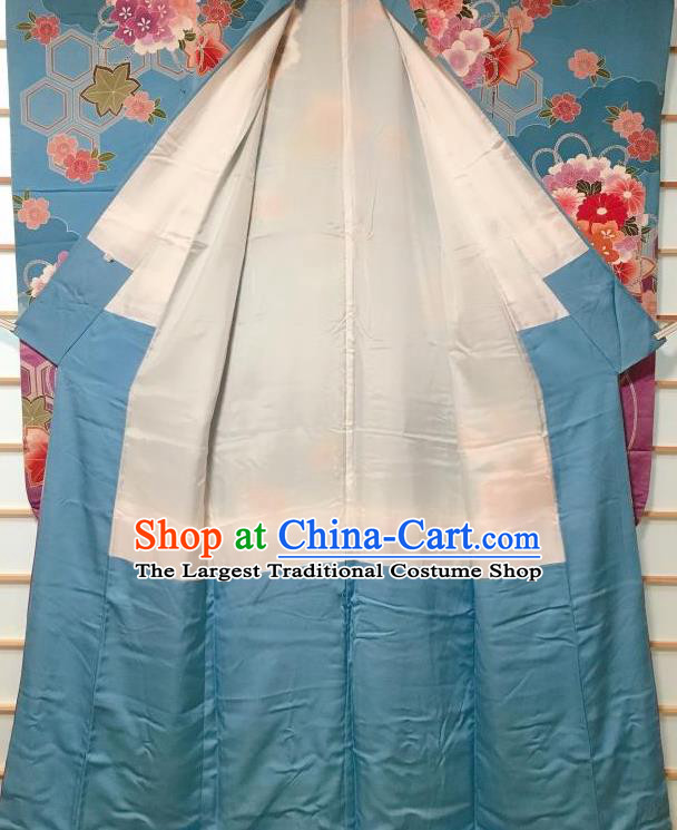 Japanese Traditional Printing Chrysanthemum Blue Furisode Kimono Japan Yukata Dress Costume for Women
