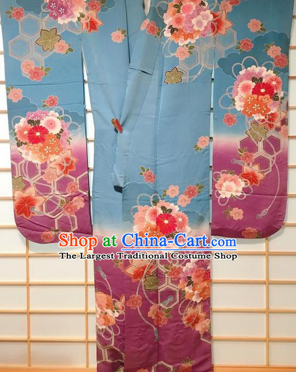 Japanese Traditional Printing Chrysanthemum Blue Furisode Kimono Japan Yukata Dress Costume for Women