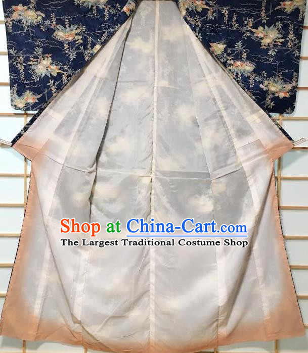 Japanese Traditional Printing Chrysanthemum Bamboo Navy Furisode Kimono Japan Yukata Dress Costume for Women