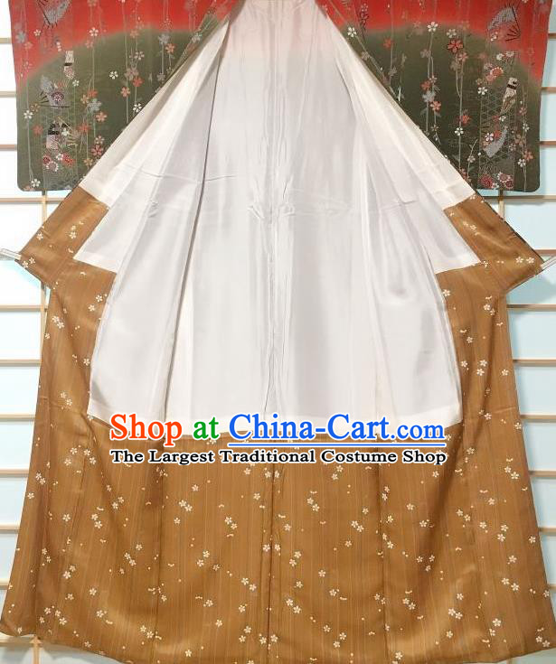 Japanese Traditional Printing Green Silk Furisode Kimono Japan Iromuji Yukata Dress Costume for Women