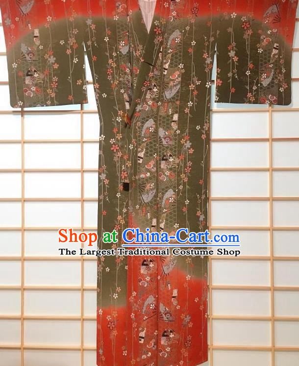 Japanese Traditional Printing Green Silk Furisode Kimono Japan Iromuji Yukata Dress Costume for Women