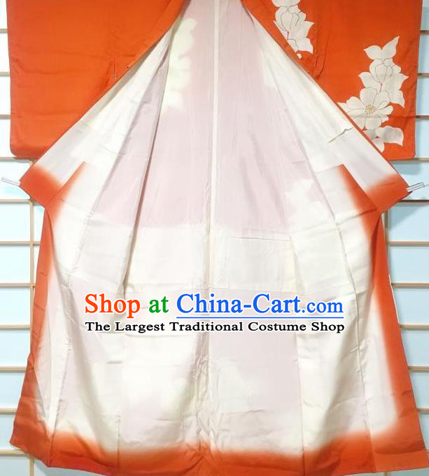 Japanese Traditional Printing Camellia Orange Furisode Kimono Japan Iromuji Yukata Dress Costume for Women