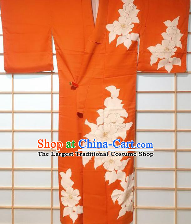 Japanese Traditional Printing Camellia Orange Furisode Kimono Japan Iromuji Yukata Dress Costume for Women