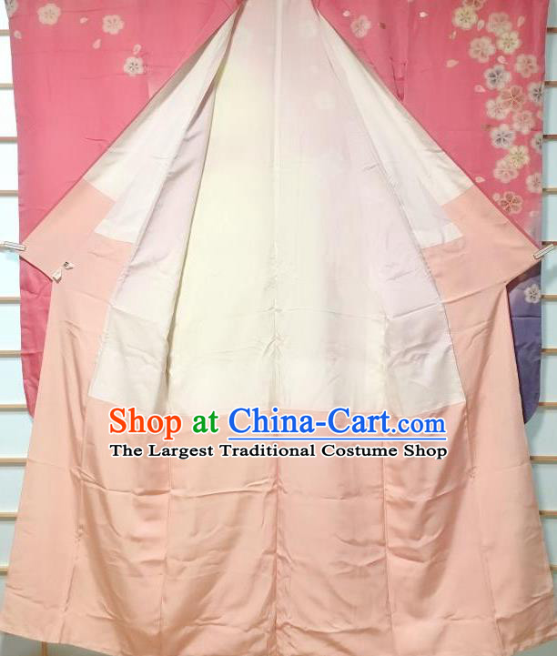 Japanese Traditional Printing Cherry Pink Furisode Kimono Japan Iromuji Yukata Dress Costume for Women