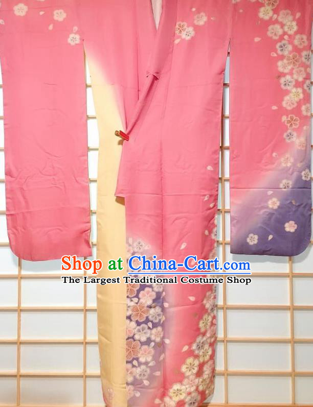Japanese Traditional Printing Cherry Pink Furisode Kimono Japan Iromuji Yukata Dress Costume for Women