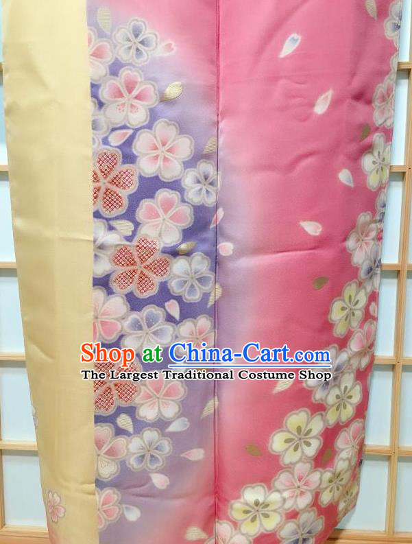 Japanese Traditional Printing Cherry Pink Furisode Kimono Japan Iromuji Yukata Dress Costume for Women