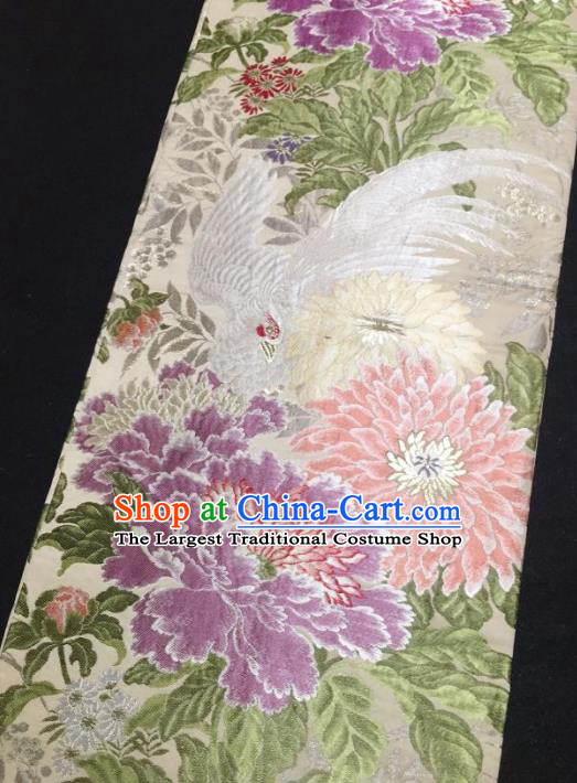 Japanese Traditional Phoenix Peony Pattern Beige Brocade Waistband Japan Kimono Yukata Belt for Women