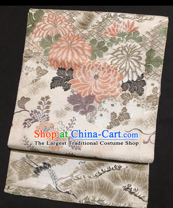 Japanese Traditional Chrysanthemum Pine Pattern White Brocade Waistband Japan Kimono Yukata Belt for Women