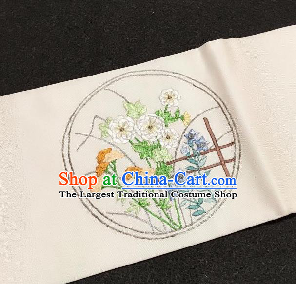 Japanese Traditional Embroidered Pattern Beige Brocade Waistband Japan Kimono Yukata Belt for Women