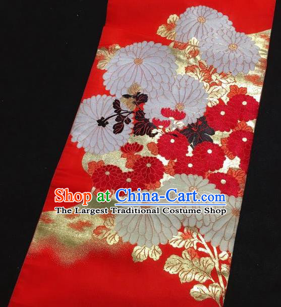 Japanese Traditional Embroidered Chrysanthemum Pattern Red Brocade Waistband Japan Kimono Yukata Belt for Women
