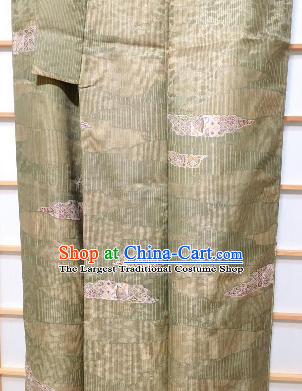 Japanese Traditional Printing Green Furisode Kimono Japan Yukata Dress Costume for Women