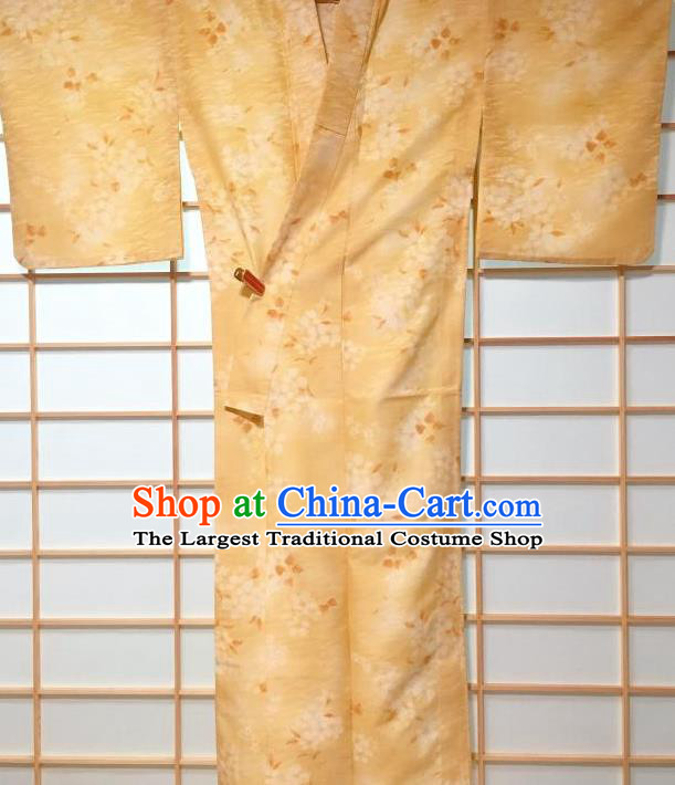 Japanese Traditional Printing Flowers Yellow Furisode Kimono Japan Yukata Dress Costume for Women