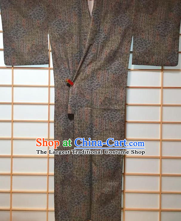 Japanese Traditional Printing Grey Furisode Kimono Japan Yukata Dress Costume for Women