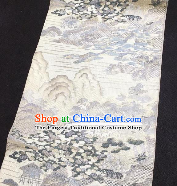 Japanese Traditional Landscape Pattern White Brocade Waistband Japan Kimono Yukata Belt for Women