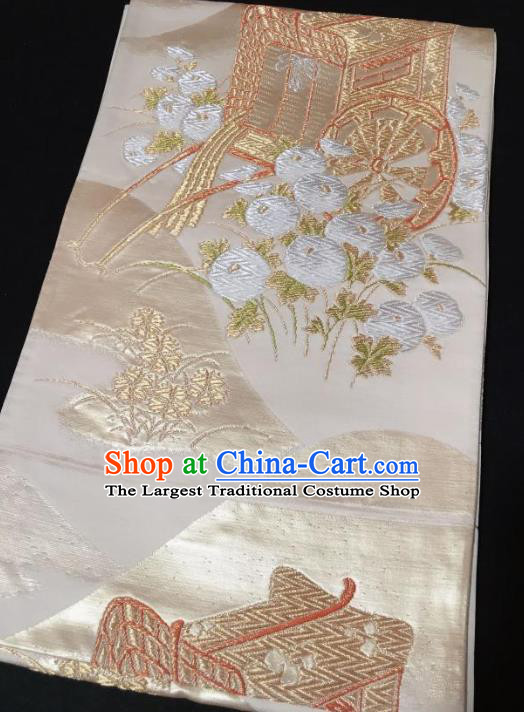 Japanese Traditional Embroidered Flowers Pattern Beige Brocade Waistband Japan Kimono Yukata Belt for Women