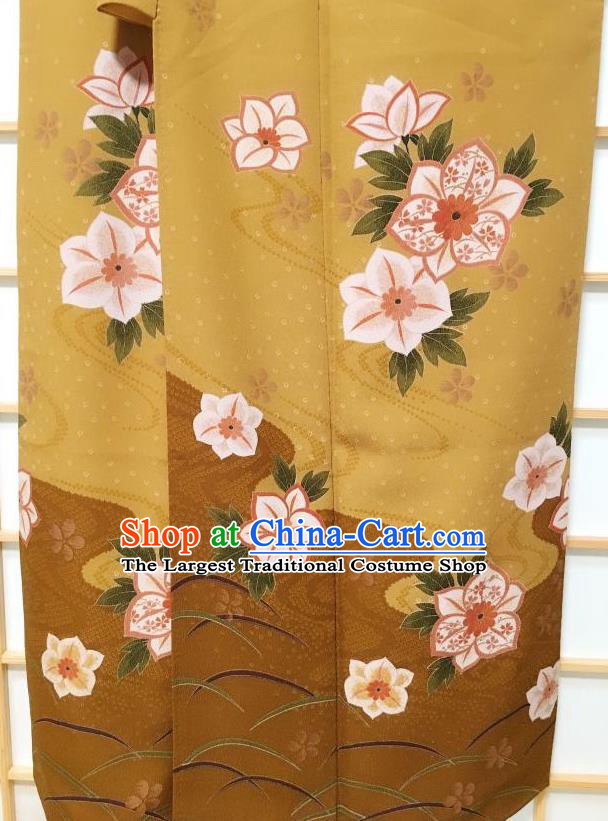 Japanese Traditional Printing Camellia Ginger Furisode Kimono Japan Yukata Dress Costume for Women