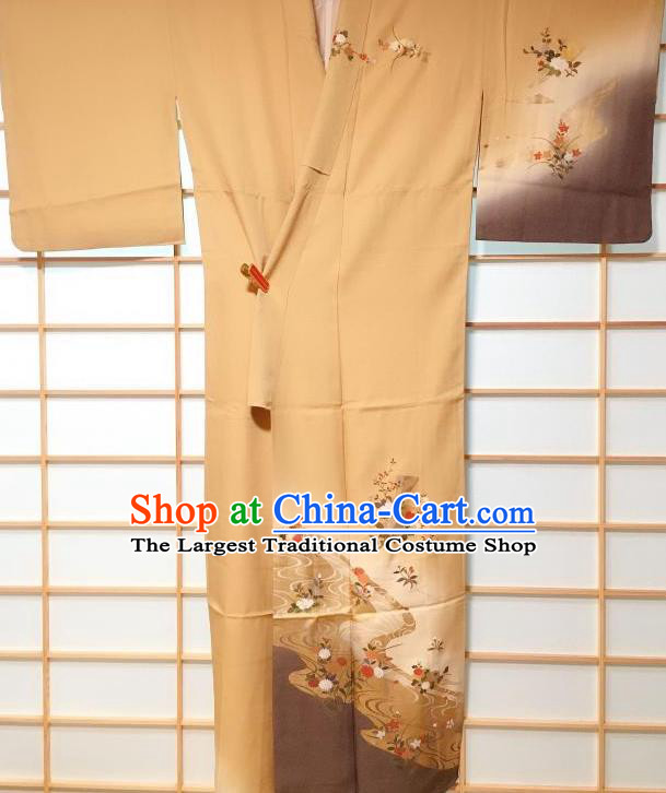 Traditional Japanese Printing Peony Ginger Furisode Kimono Japan Yukata Dress Costume for Women