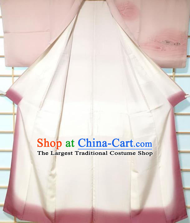 Traditional Japanese Classical Waves Pattern Pink Kimono Japan Yukata Dress Costume for Women