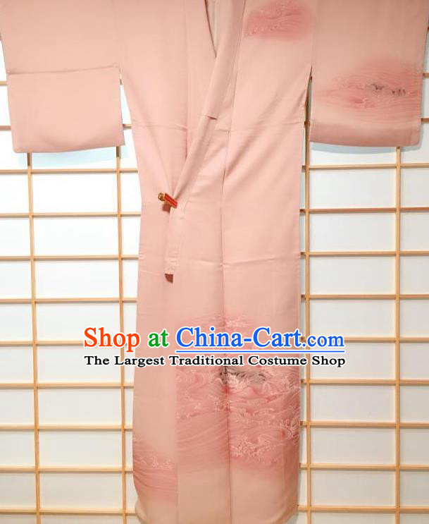 Traditional Japanese Classical Waves Pattern Pink Kimono Japan Yukata Dress Costume for Women