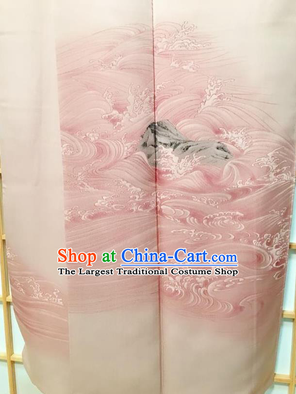 Traditional Japanese Classical Waves Pattern Pink Kimono Japan Yukata Dress Costume for Women