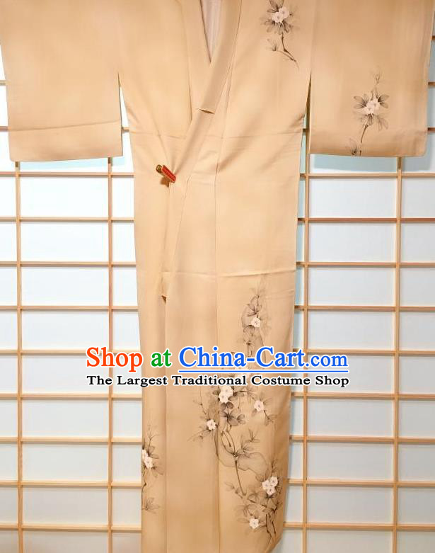 Traditional Japanese Classical Flowers Pattern Ginger Kimono Japan Yukata Dress Costume for Women