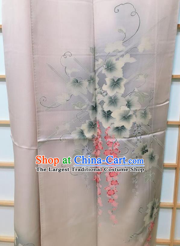 Traditional Japanese Classical Grape Vine Pattern Grey Kimono Japan Yukata Dress Costume for Women