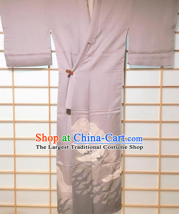 Traditional Japanese Classical Cranes Pattern Grey Kimono Japan Yukata Dress Costume for Women