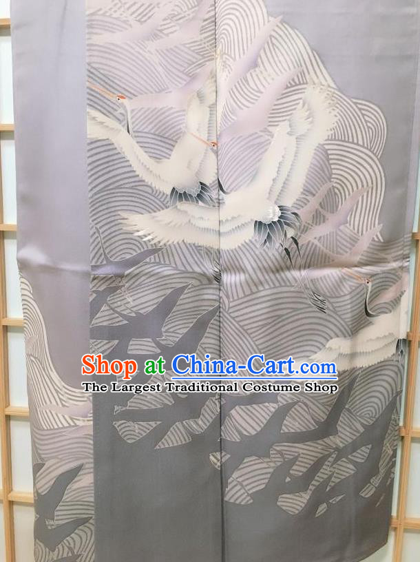 Traditional Japanese Classical Cranes Pattern Grey Kimono Japan Yukata Dress Costume for Women