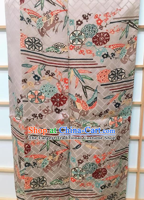 Traditional Japanese Classical Plum Birds Pattern Grey Kimono Japan Yukata Dress Costume for Women
