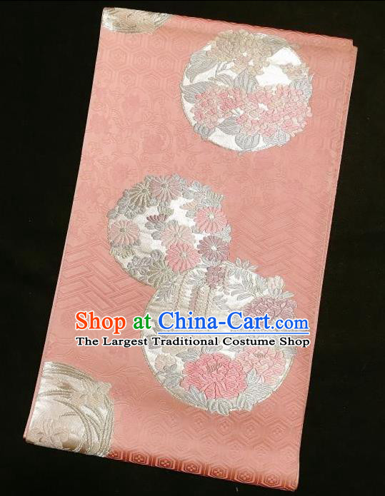 Japanese Traditional Embroidered Peony Chrysanthemum Pink Brocade Waistband Japan Kimono Yukata Belt for Women