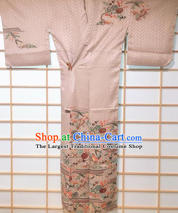 Traditional Japanese Classical Plum Birds Pattern Grey Kimono Japan Yukata Dress Costume for Women