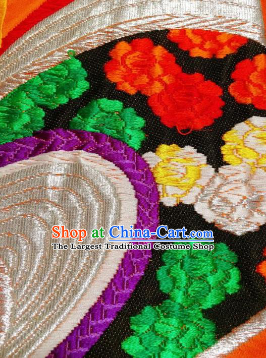 Japanese Traditional Embroidered Peony Orange Brocade Waistband Japan Kimono Yukata Belt for Women