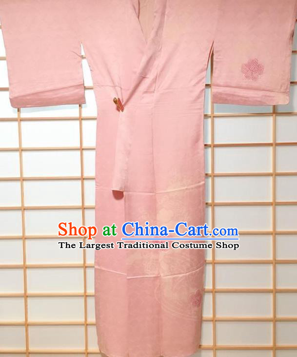 Traditional Japanese Classical Embroidered Plum Blossom Pink Furisode Kimono Japan Yukata Dress Costume for Women