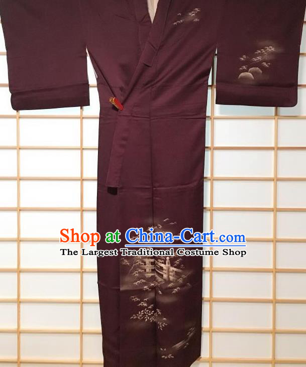 Traditional Japanese Classical Bamboo Leaf Pattern Deep Purple Kimono Asian Japan Yukata Costume for Men