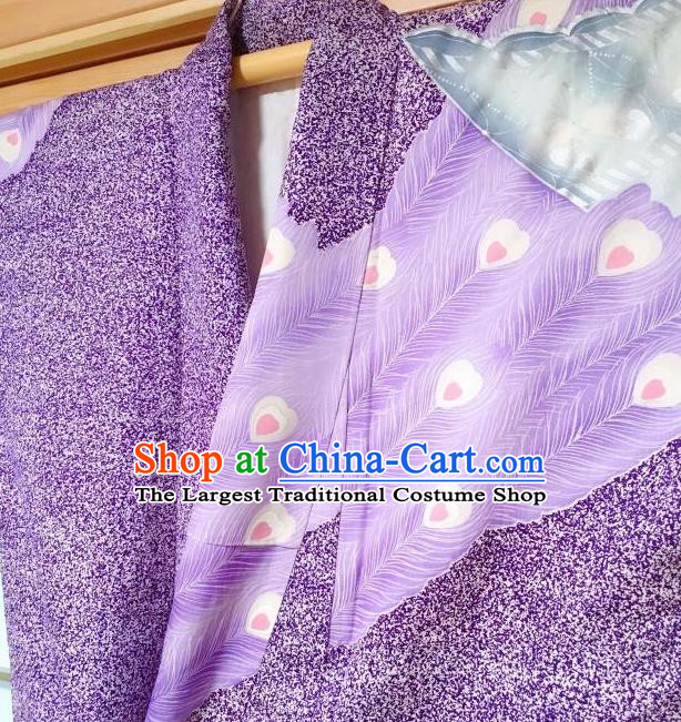 Japanese Traditional Peacock Pattern Purple Silk Furisode Kimono Japan Yukata Dress Costume for Women